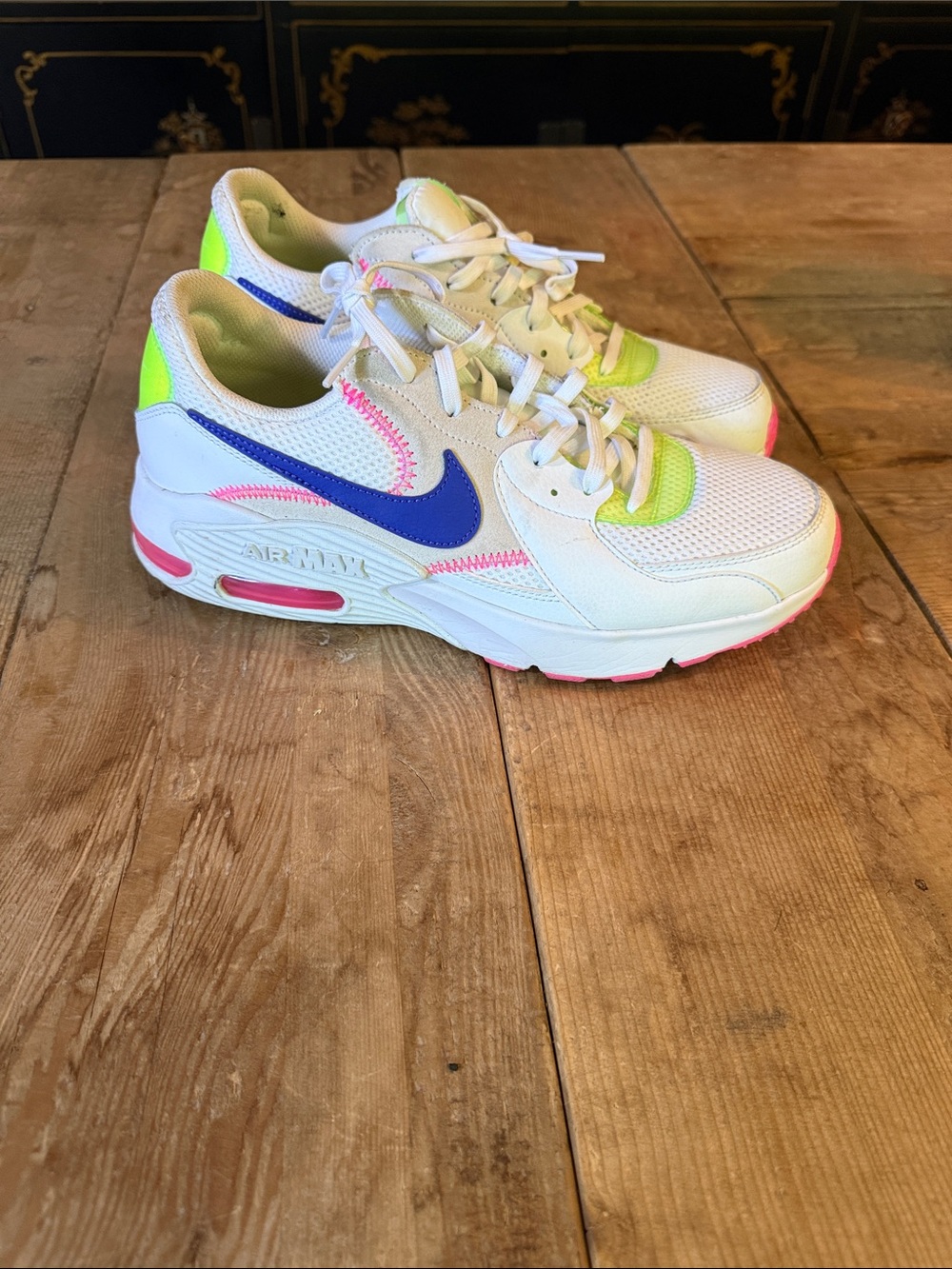 Nike White Sneakers with Blue, Neon Yellow, and Pink Accents